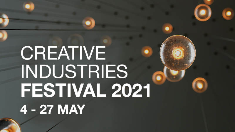 Creative Industries Festival written in white against a grey background. The image is dotted with lights from a modern chandelier